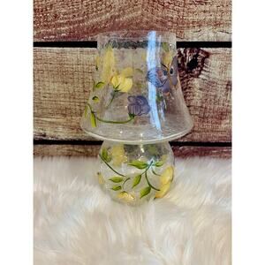 Vintage Anthropologie Floral Butterfly Hand Painted Painted Glass Lamp Vase EUC